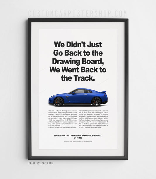 Remastered Nissan GT-R R35 “Back to the Track” print advertisement poster featuring a blue GT-R in side profile.