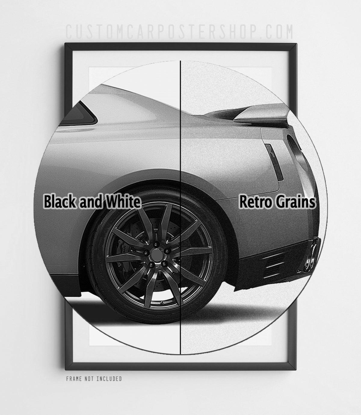 Black-and-white version of the remastered Nissan GT-R R35 “Back to the Track” print advertisement poster featuring a GT-R in side profile.