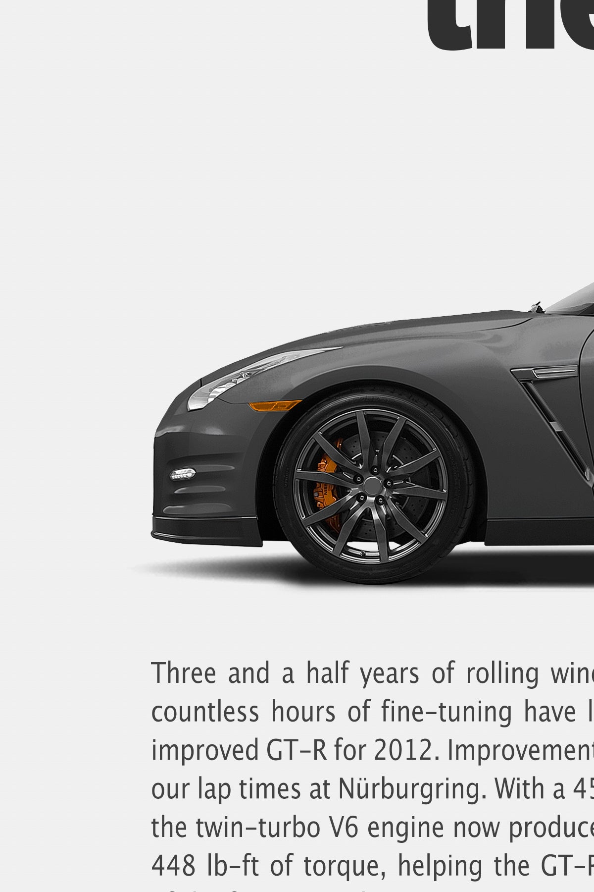 Close-up detail of the remastered Nissan GT-R R35 “Back to the Track” print ad showing the grey front end, wheel and body copy.