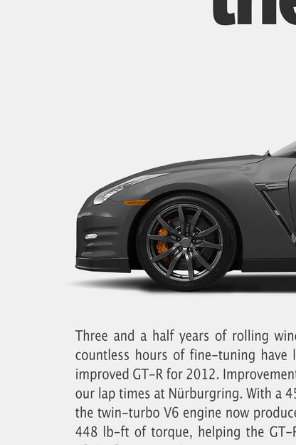 Close-up detail of the remastered Nissan GT-R R35 “Back to the Track” print ad showing the grey front end, wheel and body copy.