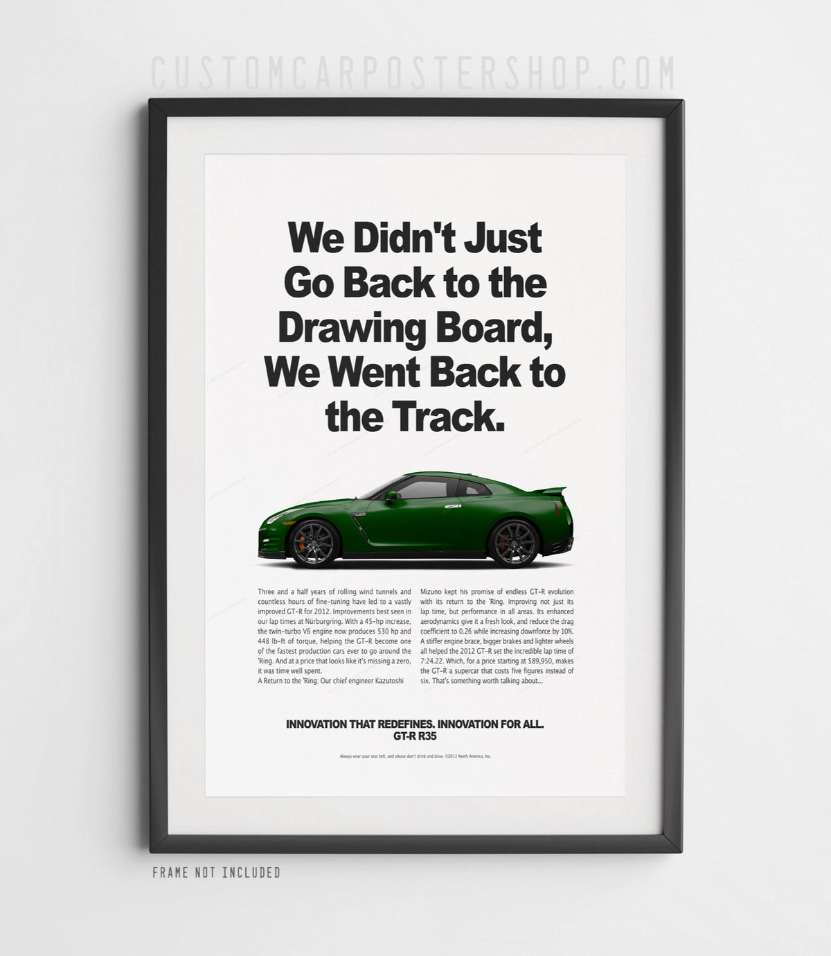 Remastered Nissan GT-R R35 “Back to the Track” print advertisement poster featuring a green GT-R in side profile.