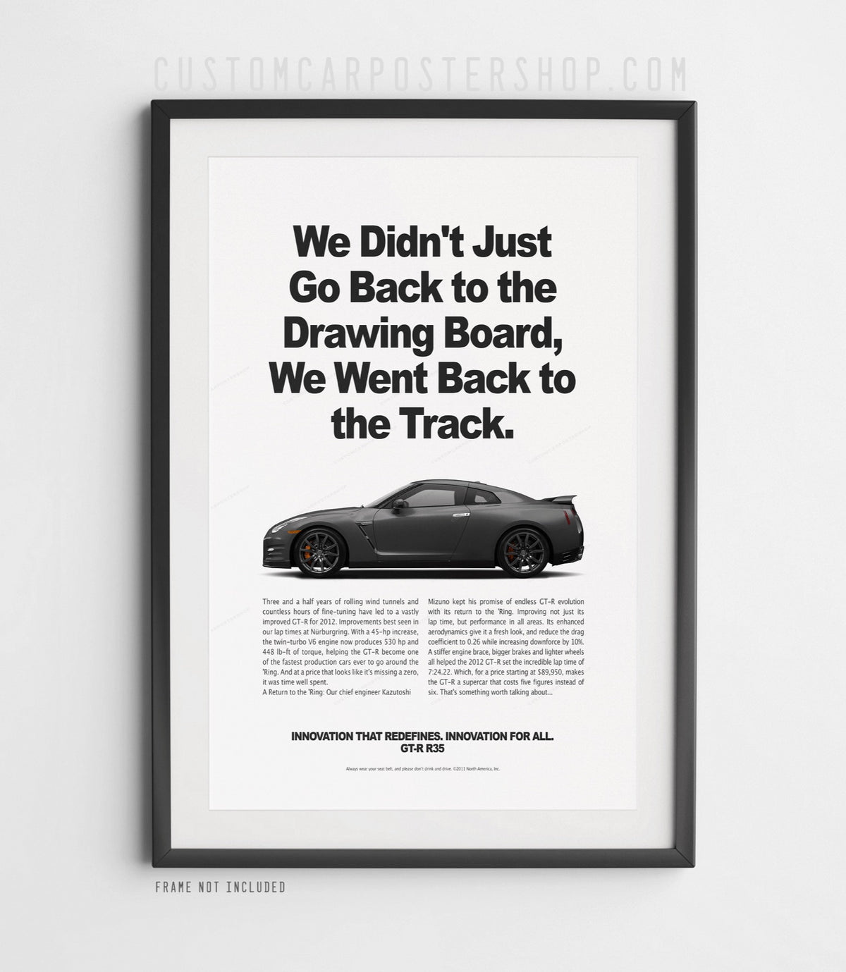 Remastered Nissan GT-R R35 “Back to the Track” print advertisement poster featuring a grey GT-R in side profile.
