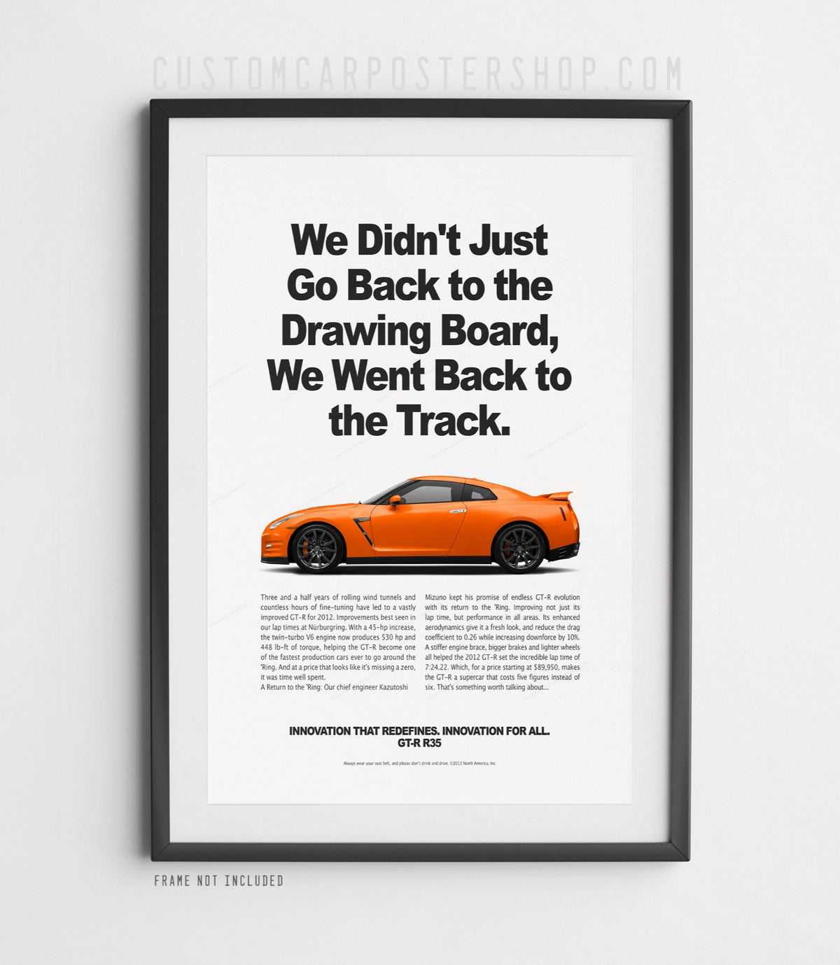 Remastered Nissan GT-R R35 “Back to the Track” print advertisement poster featuring an orange GT-R in side profile.