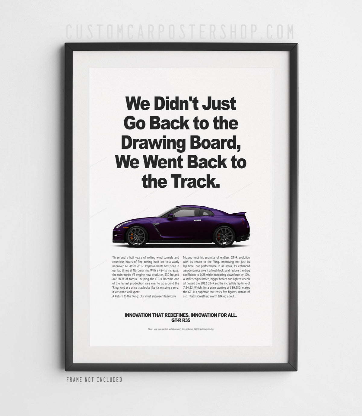 Remastered Nissan GT-R R35 “Back to the Track” print advertisement poster featuring a purple GT-R in side profile.