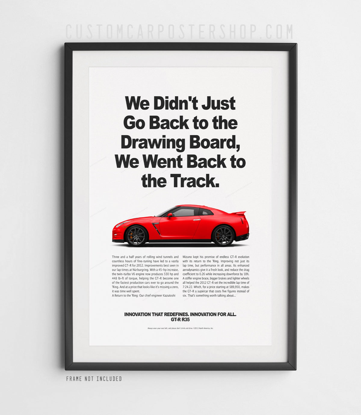 Remastered Nissan GT-R R35 “Back to the Track” print advertisement poster featuring a red GT-R in side profile.