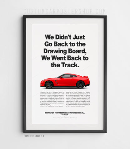 Remastered Nissan GT-R R35 “Back to the Track” print advertisement poster featuring a red GT-R in side profile.