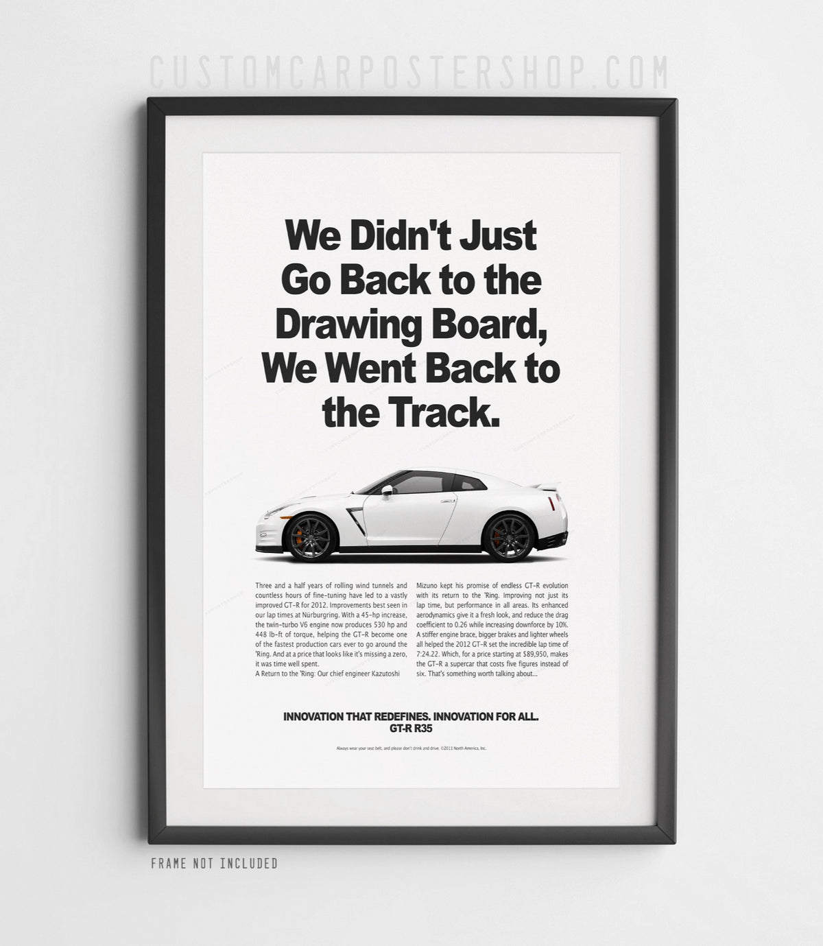 Remastered Nissan GT-R R35 “Back to the Track” print advertisement poster featuring a white GT-R in side profile.