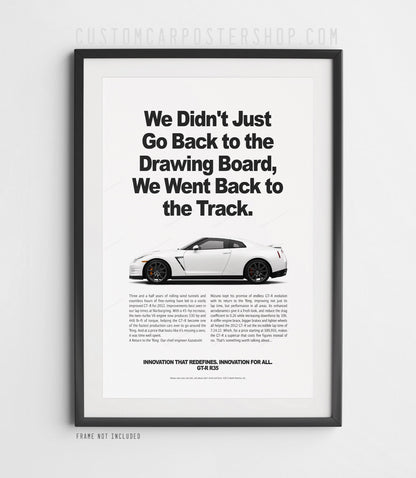 Remastered Nissan GT-R R35 “Back to the Track” print advertisement poster featuring a white GT-R in side profile.