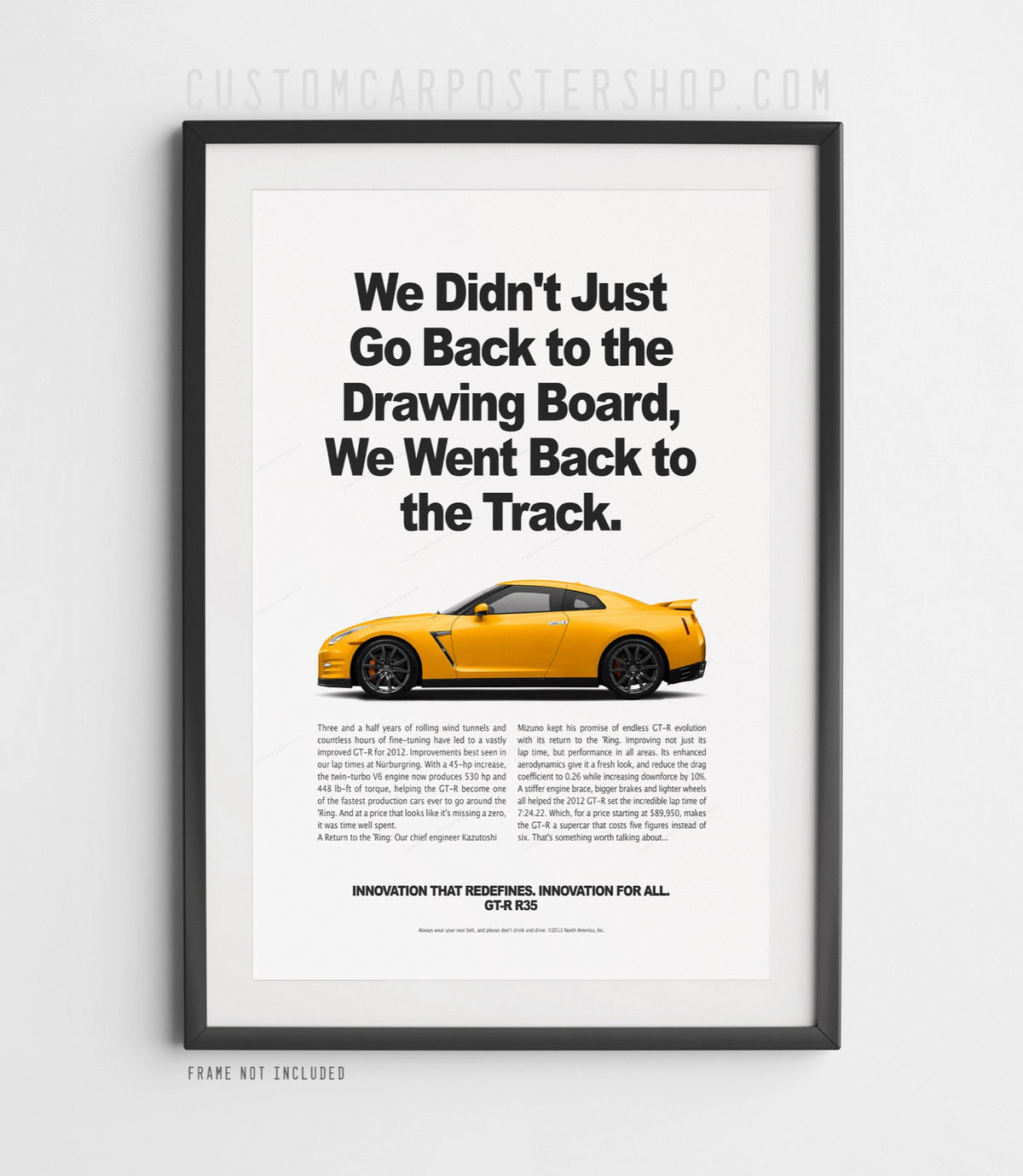 Remastered Nissan GT-R R35 “Back to the Track” print advertisement poster featuring a yellow GT-R in side profile.