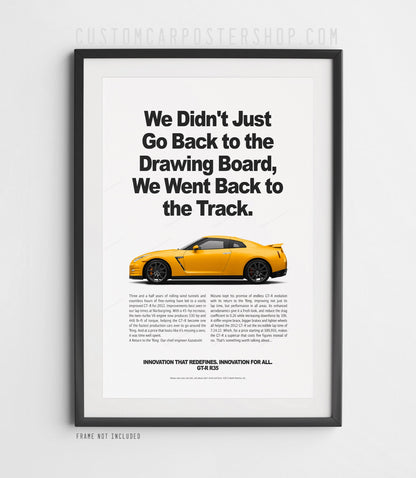 Remastered Nissan GT-R R35 “Back to the Track” print advertisement poster featuring a yellow GT-R in side profile.