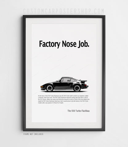 Black Porsche 911 Turbo Slantnose (930) with whale-tail spoiler in side profile on the ‘Factory Nose Job’ retro print ad, shown in a black frame mock-up.