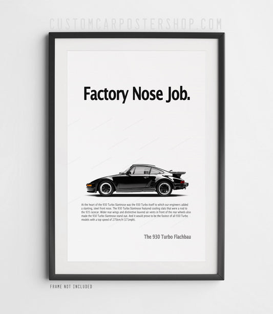 Black Porsche 911 Turbo Slantnose (930) with whale-tail spoiler in side profile on the ‘Factory Nose Job’ retro print ad, shown in a black frame mock-up.