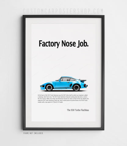 Blue Porsche 911 Turbo Slantnose (930) side view on the ‘Factory Nose Job’ remastered advertisement art print.