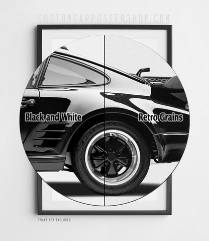 Black-and-white edition of the ‘Factory Nose Job’ Porsche 911 Turbo Slantnose (930) print ad, car in side profile.