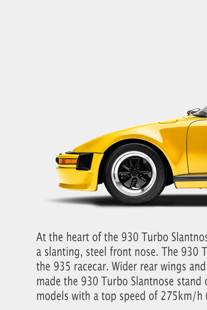 Close-up of the Porsche 930 Turbo Slantnose ‘Factory Nose Job’ ad: yellow flat nose, Fuchs-style wheel, front cooling slats and body copy.