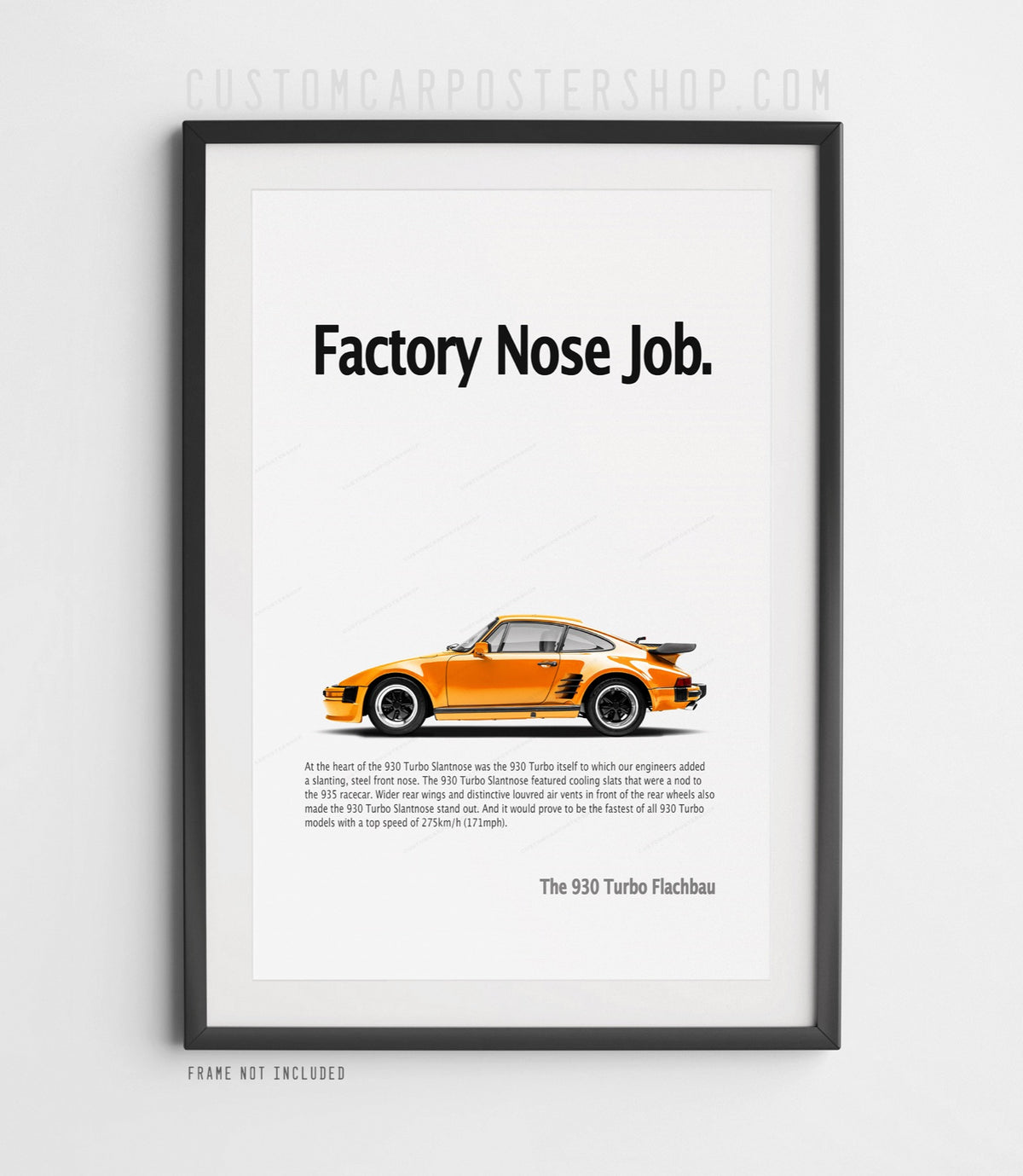 Remastered ‘Factory Nose Job’ print ad showing an orange 930 Turbo Flachbau in side profile.