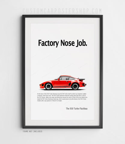 Red Porsche 911 Turbo Slantnose (930) in profile on the ‘Factory Nose Job’ framed retro print ad.