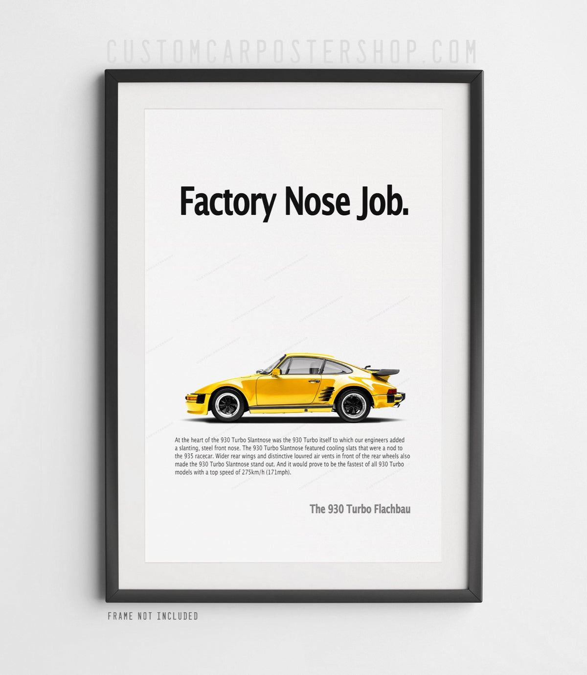 Yellow Porsche 930 Turbo Slantnose in side profile beneath the ‘Factory Nose Job’ headline on a remastered retro print ad.