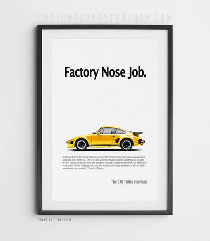 Yellow Porsche 930 Turbo Slantnose in side profile beneath the ‘Factory Nose Job’ headline on a remastered retro print ad.