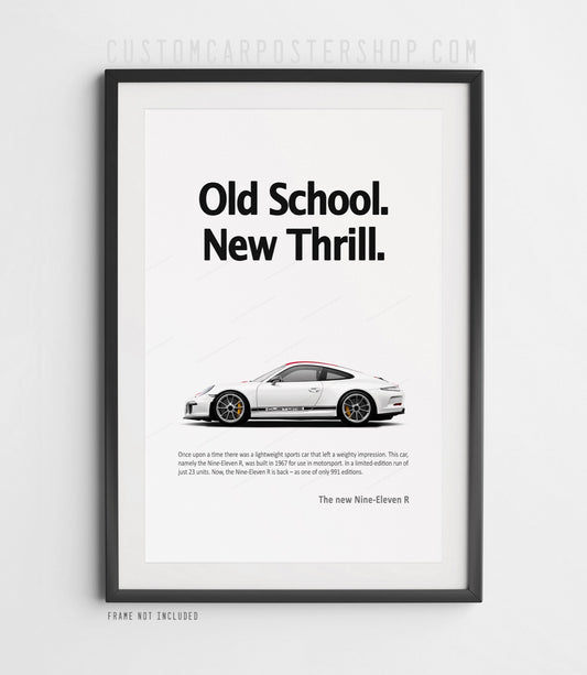 Remastered Porsche 911 R 991 Poster – “Old School. New Thrill.” Print Ad with customizable body color, stripe, and decal. Wall art for Porsche collectors.