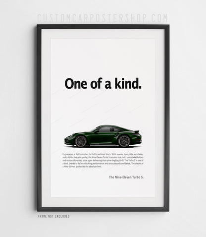 Porsche 992.2 911 Turbo S “One of a Kind” remastered print ad poster in Dark Green