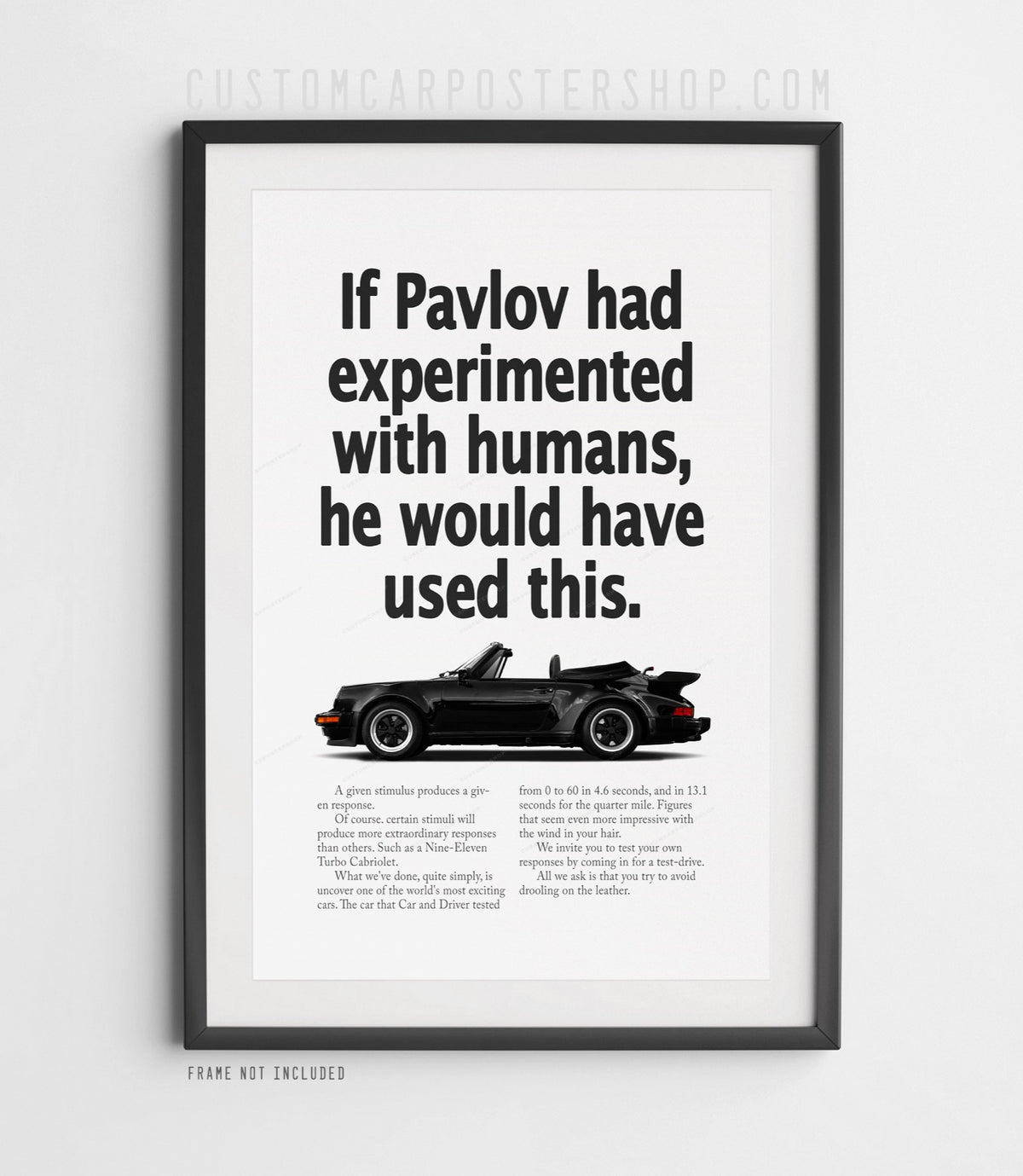 Remastered Porsche 911 Turbo Cabriolet (930) “Pavlov” print ad poster featuring a black whale-tail cabriolet in side profile.