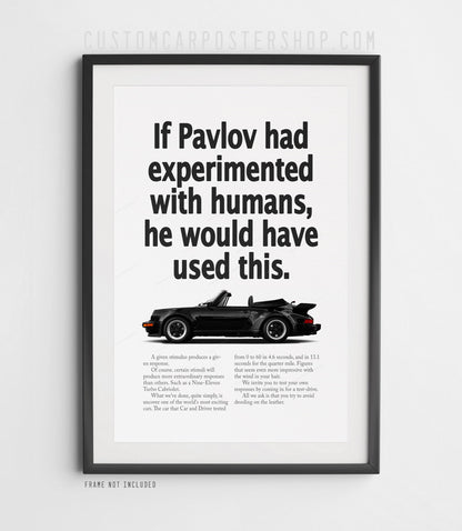 Remastered Porsche 911 Turbo Cabriolet (930) “Pavlov” print ad poster featuring a black whale-tail cabriolet in side profile.