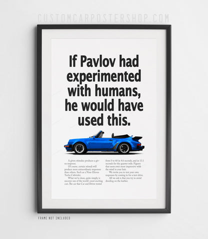 Remastered Porsche 911 Turbo Cabriolet (930) “Pavlov” print ad poster featuring a blue whale-tail cabriolet in side profile.