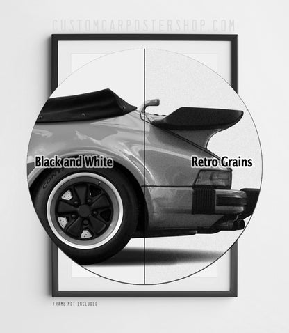 Black-and-white version of the remastered Porsche 911 Turbo Cabriolet (930) “Pavlov” print ad featuring a whale-tail cabriolet.