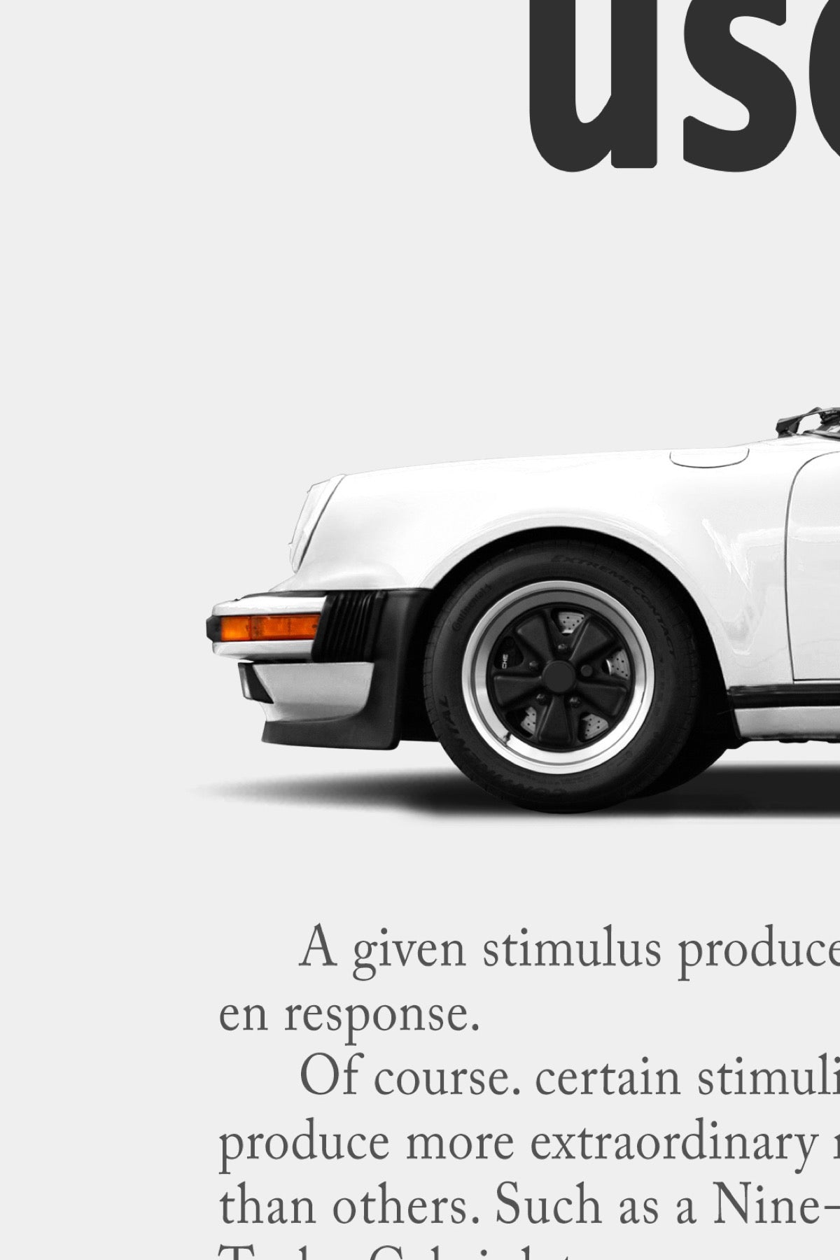 Close-up detail of the remastered Porsche 911 Turbo Cabriolet (930) “Pavlov” print ad showing the white front end, Fuchs wheel and body copy.