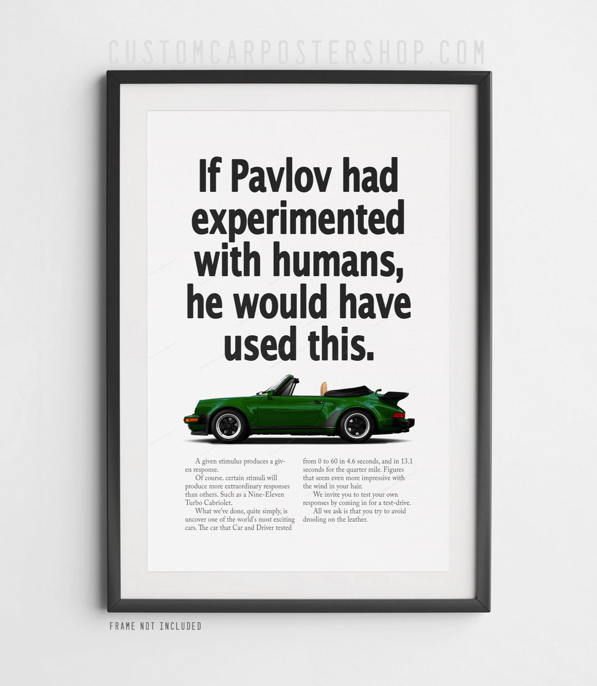 Remastered Porsche 911 Turbo Cabriolet (930) “Pavlov” print ad poster featuring a green whale-tail cabriolet in side profile.
