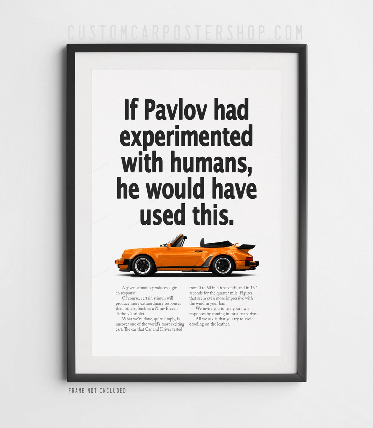Remastered Porsche 911 Turbo Cabriolet (930) “Pavlov” print ad poster featuring an orange whale-tail cabriolet in side profile.