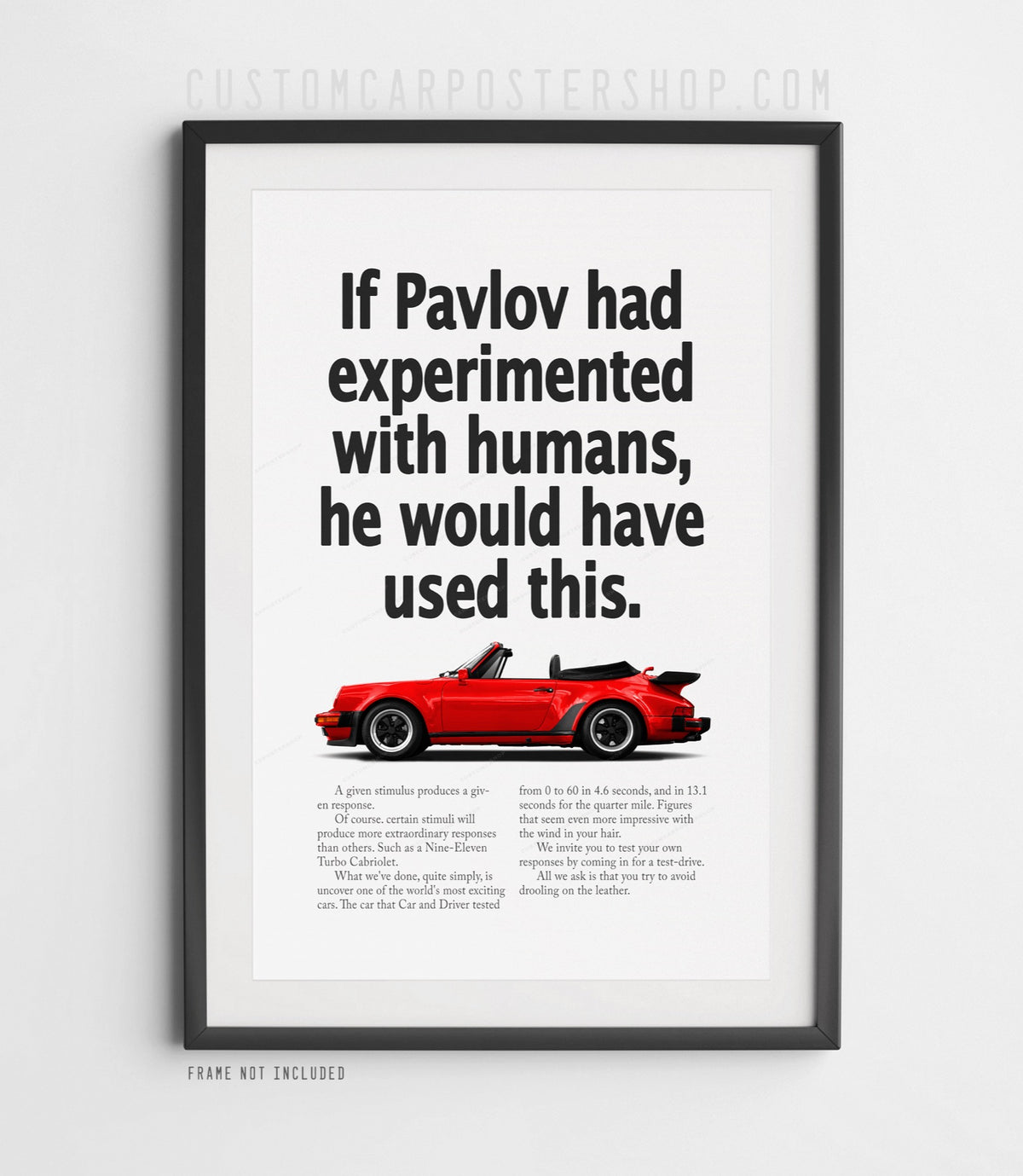 Remastered Porsche 911 Turbo Cabriolet (930) “Pavlov” print ad poster featuring a red whale-tail cabriolet in side profile.