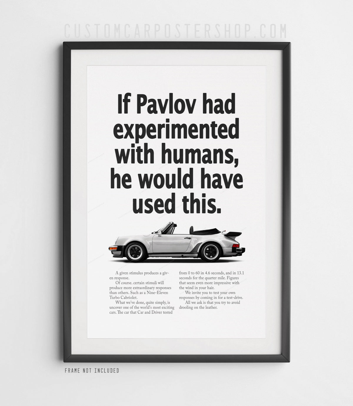 Remastered Porsche 911 Turbo Cabriolet (930) “Pavlov” print ad poster featuring a silver whale-tail cabriolet in side profile.