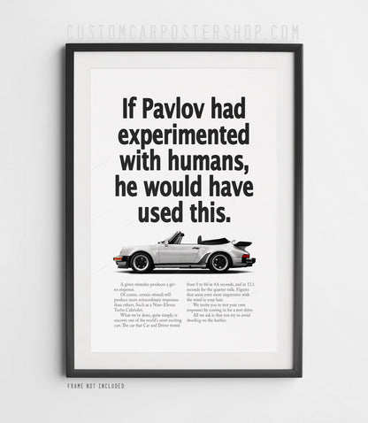 Remastered Porsche 911 Turbo Cabriolet (930) “Pavlov” print ad poster featuring a silver whale-tail cabriolet in side profile.