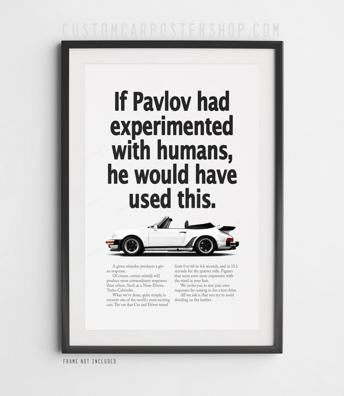 Remastered Porsche 911 Turbo Cabriolet (930) “Pavlov” print ad poster featuring a white whale-tail cabriolet in side profile.