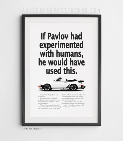 Remastered Porsche 911 Turbo Cabriolet (930) “Pavlov” print ad poster featuring a white whale-tail cabriolet in side profile.