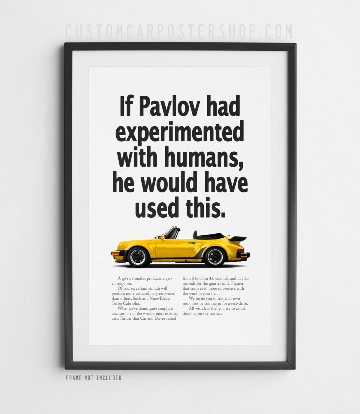 Remastered Porsche 911 Turbo Cabriolet (930) “Pavlov” print ad poster featuring a yellow whale-tail cabriolet in side profile.