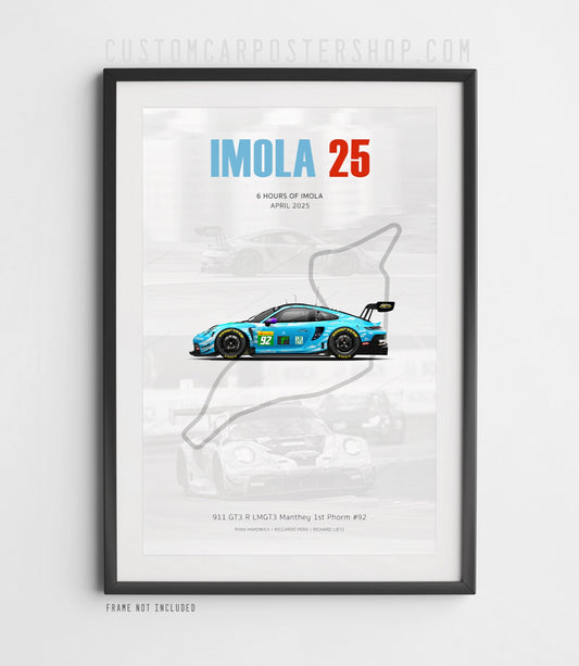 Framed Manthey Racing Porsche 911 GT3 R Poster – 1st Phorm #92 LMGT3 Winner at 2025 Imola and Le Mans, GT3 Racing Wall Art for Porsche Enthusiasts
