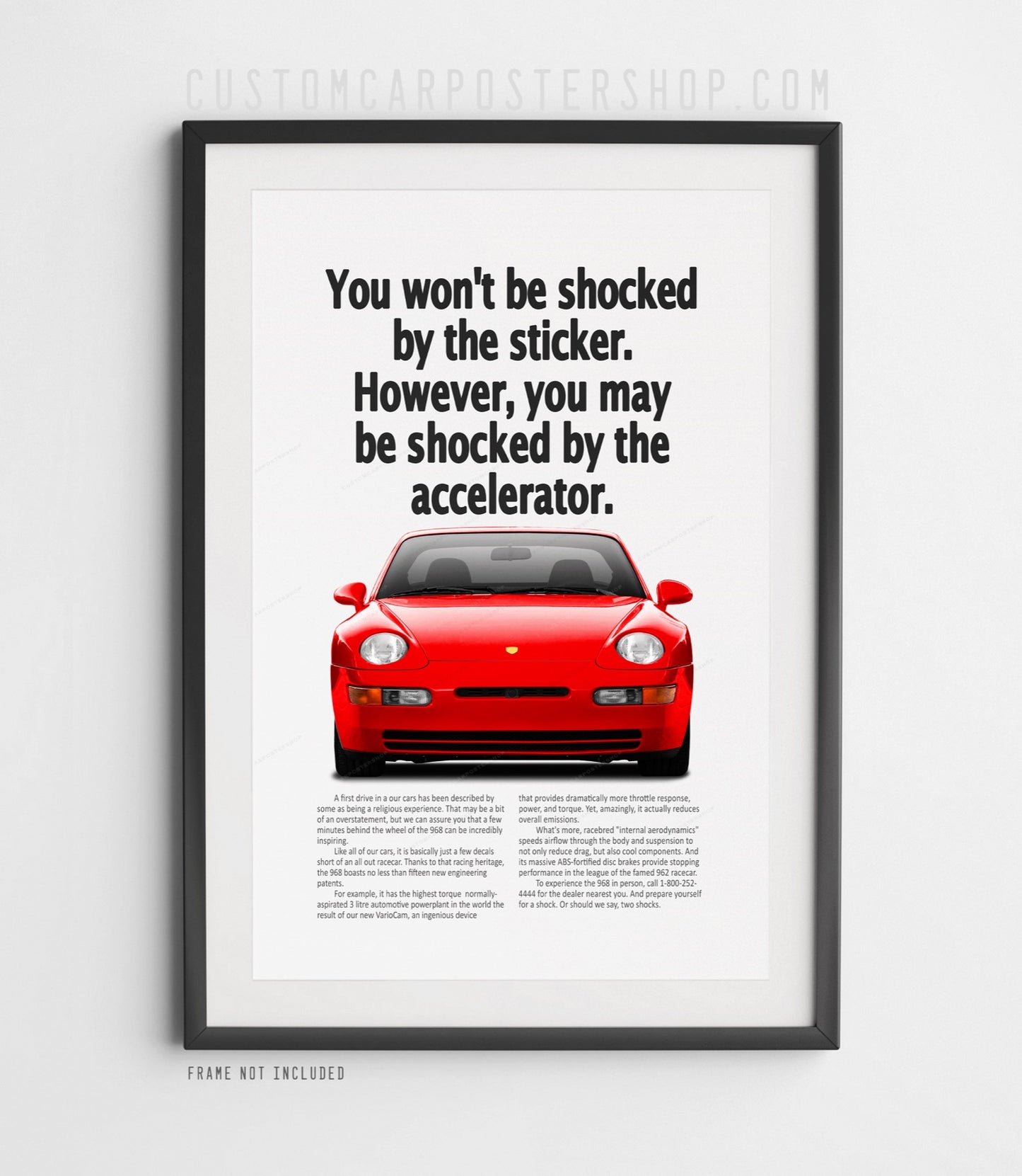 Guards Red Porsche 968 front view poster with “You won’t be shocked by the sticker…” headline, retro print ad style