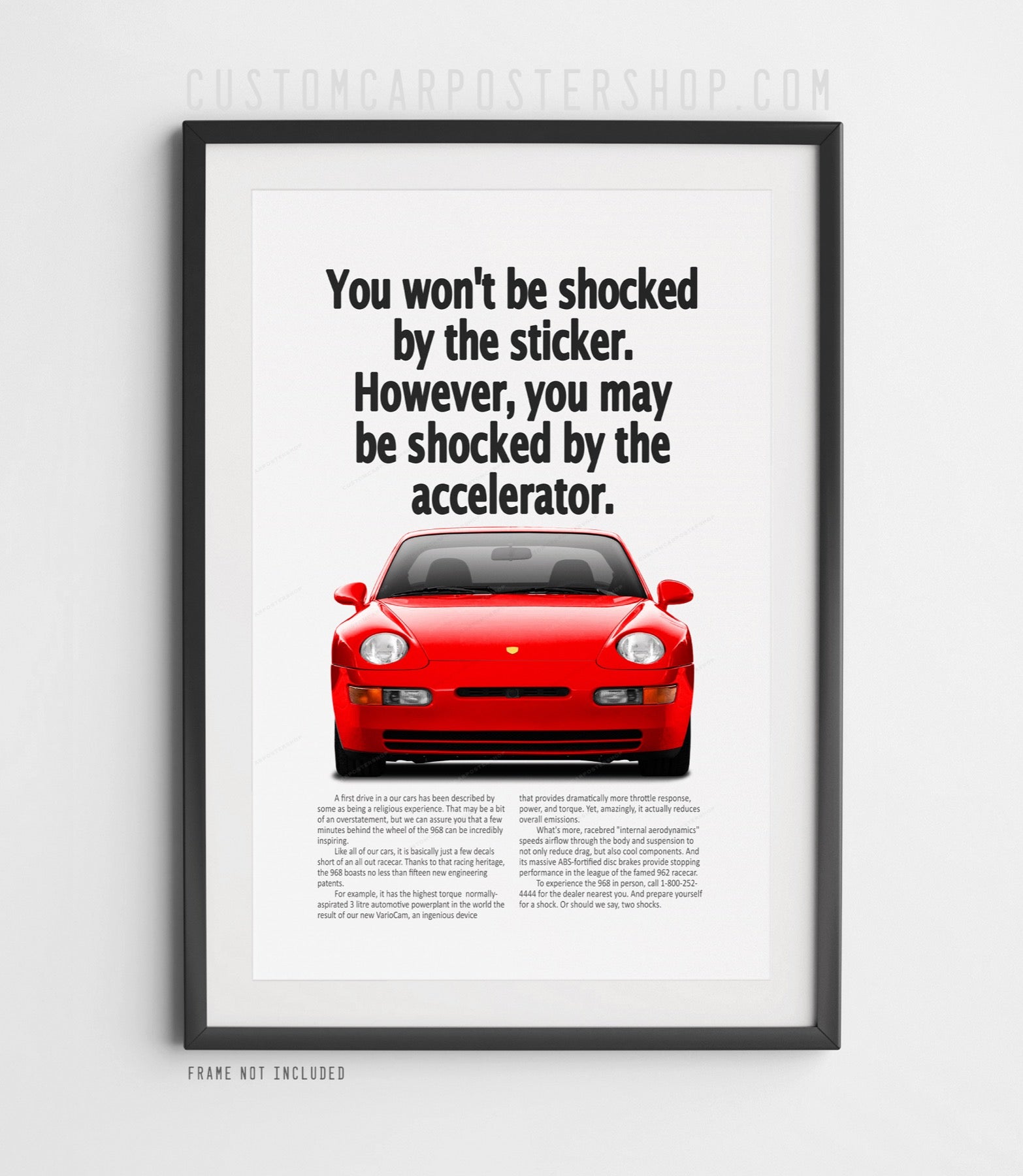 Guards Red Porsche 968 front view poster with “You won’t be shocked by the sticker…” headline, retro print ad style
