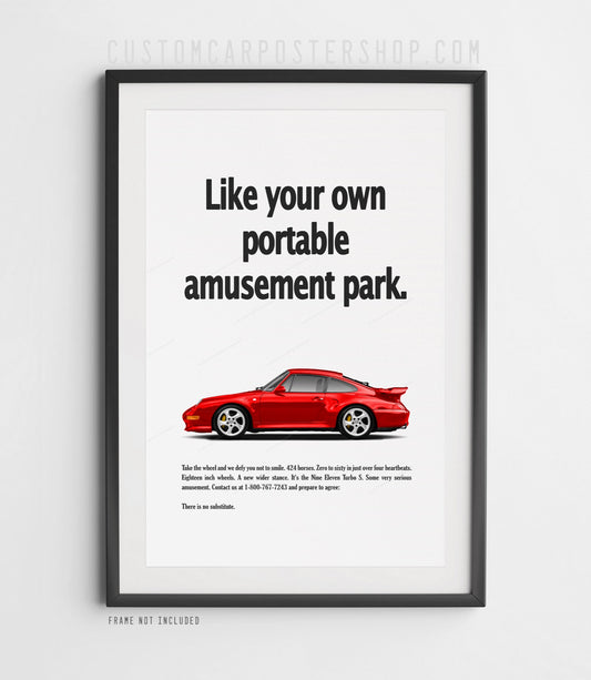 Photorealistic poster of a red Porsche 993 Turbo S coupe with the caption “Like your own portable amusement park” – modernized version of a classic Porsche advertisement.