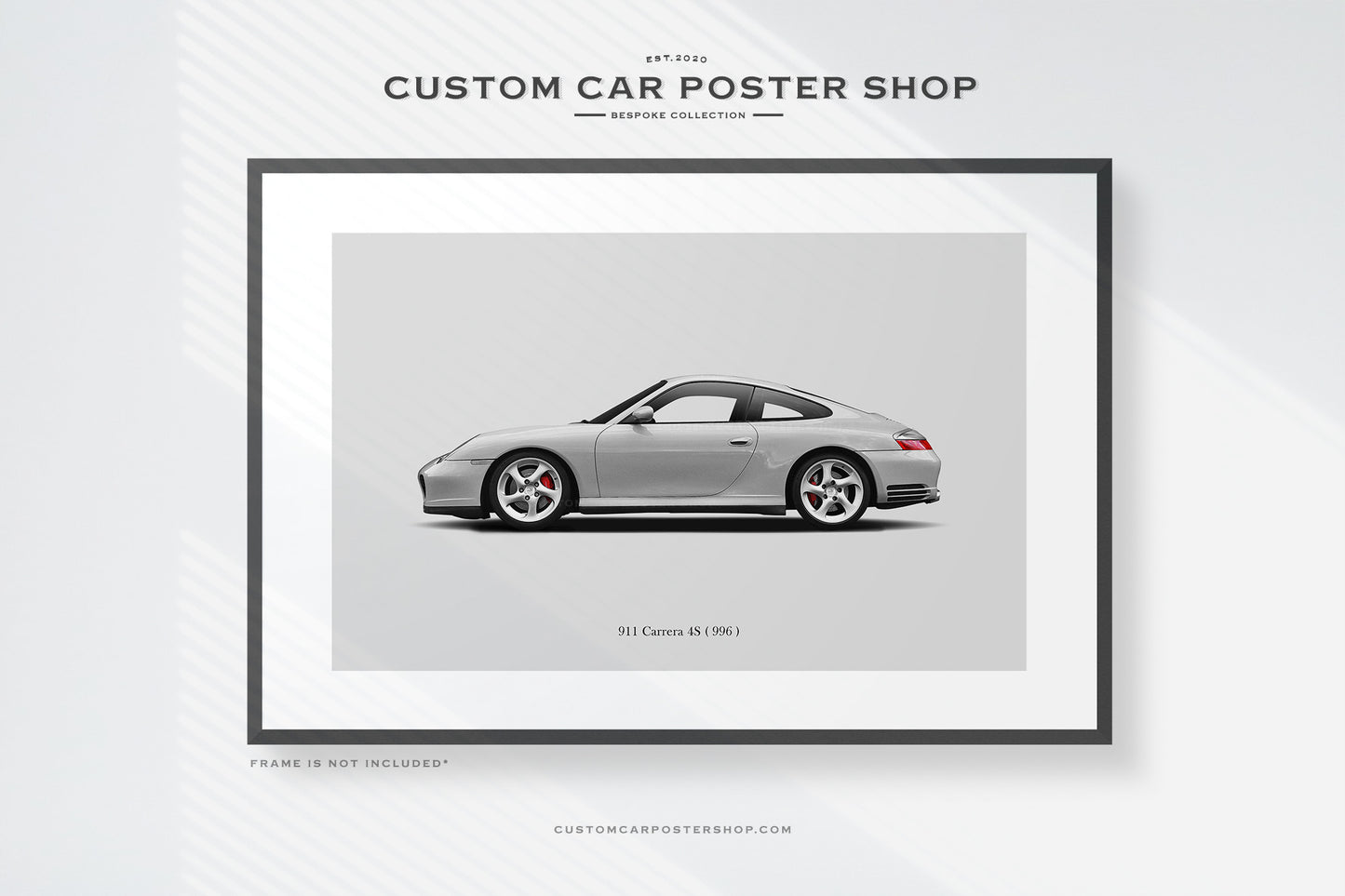 Bespoke framed print featuring the 996 chassis Porsche 911 Carrera 4S in Arctic Silver