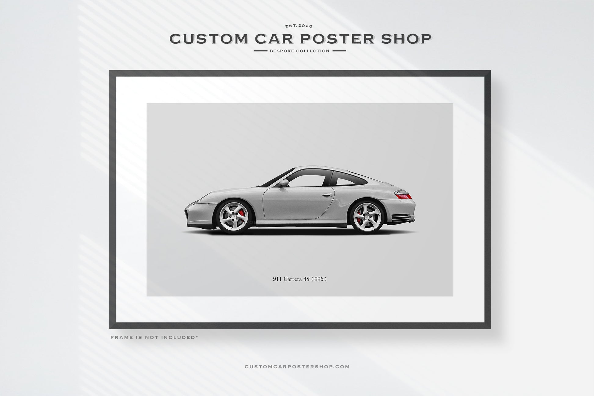 Bespoke framed print featuring the 996 chassis Porsche 911 Carrera 4S in Arctic Silver