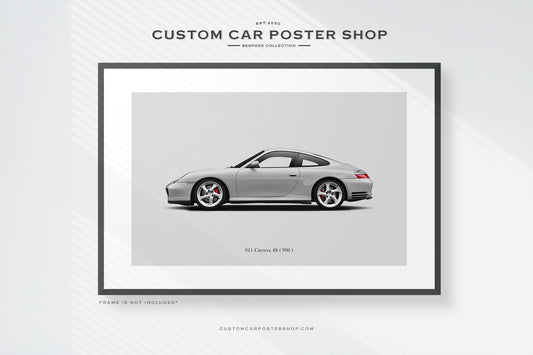 Bespoke framed print featuring the 996 chassis Porsche 911 Carrera 4S in Arctic Silver