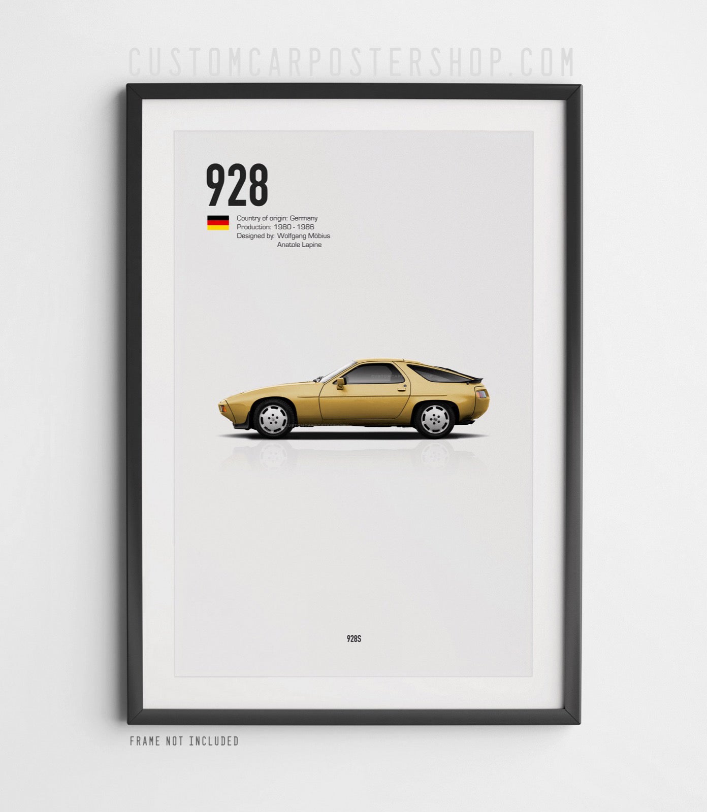 Porsche 928S 1980s vintage poster featuring classic V8 sports car in retro automotive print style for garage, office, or man cave wall decor
