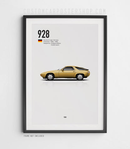 Porsche 928S 1980s vintage poster featuring classic V8 sports car in retro automotive print style for garage, office, or man cave wall decor