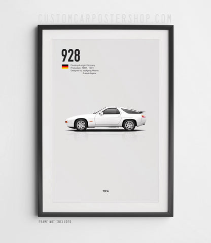 Porsche 928 S4 poster featuring classic V8 sports car in retro automotive print design for wall art decor