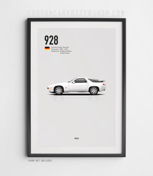Porsche 928 S4 poster featuring classic V8 sports car in retro automotive print design for wall art decor