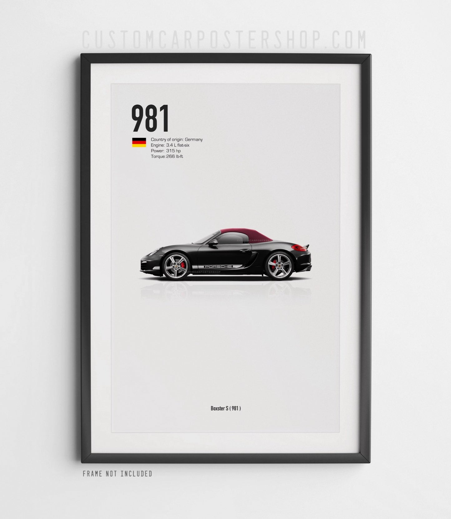 Commissioned Porsche 981.1 Boxster S with specs: Maroon soft top. Sport Techno Wheel. Side air intake scoop. Rear valence. Side decal.